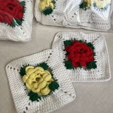 Vintage Granny Squares Lot Of 56 7.5  Handmade Single Craft Red Yellow Roses