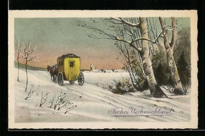 Postkutsche im Schnee vor einem kleinen Ort, Weihnachtsgruß, Ansichtskarte 