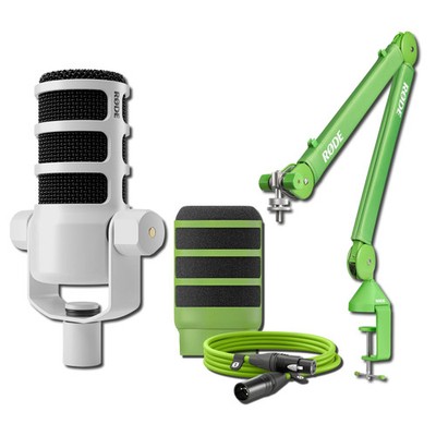 Rode PodMic Dynamic Broadcast Microphone (White) with PSA1+ Microphone Boom Arm,