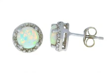 Opal 6mm & Diamond Round Stud Earrings 14Kt White Gold