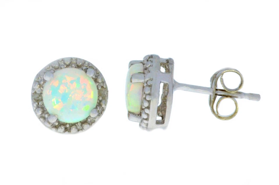 Opal 6mm & Diamond Round Stud Earrings 14Kt White Gold