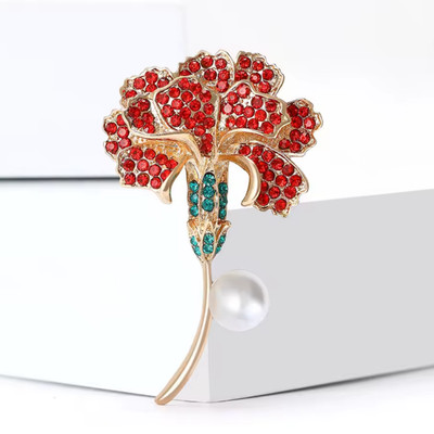 Red Rhinestone Carnation Brooch Gold Tone Pearl Pin Floral Jewelry Gift For Mom
