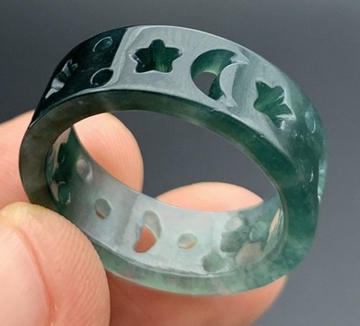 Video Certified Natural A Jadeite Jade Moon Star Circle Ring NO. 9 # 420112 TS