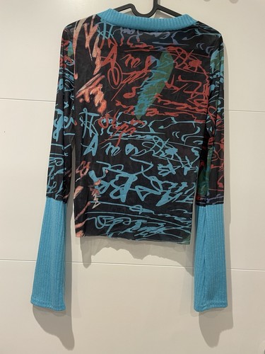 Rare Y2K 90s Graphic Mesh Long Sleeve Top – Graffiti Print, Sheer, Size XS-S - Picture 9 of 15