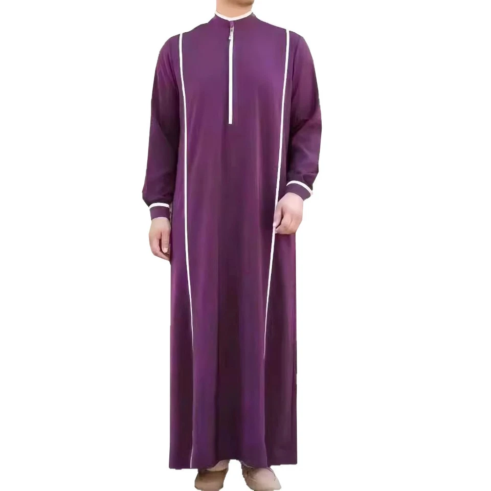 Hombres Árabe Saudí Púrpura Kaftan Bata Musulmana Thobe Jubba Thoub Vestido Ramadán Eid Foto 4 de 4