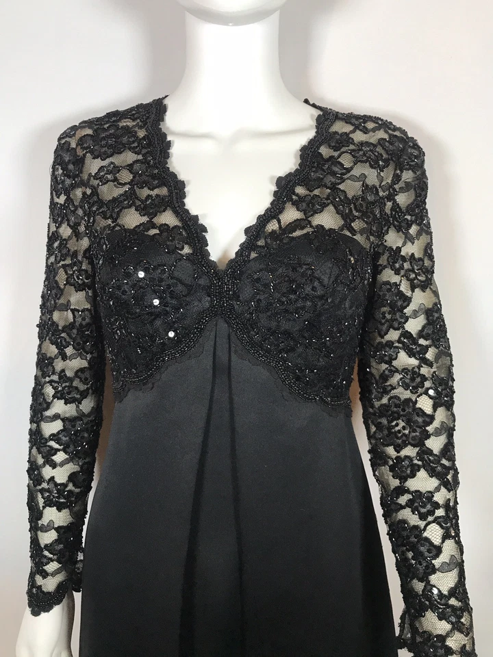 Vestido Largo BlackTie Oleg Cassini Negro Encaje Secuencia y Satén Talla 6 RN62313 Foto 4 de 4