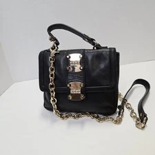 VTG SOLE SOCIETY Natalia Mini Bag Black Leather Flap Top Removable Gold Chain 