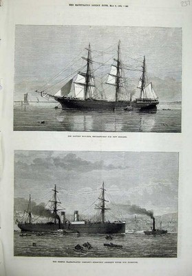 Alter antiker Druck Ostmonarch Schiff Auswanderer 1874 Amerique French Steam 19.