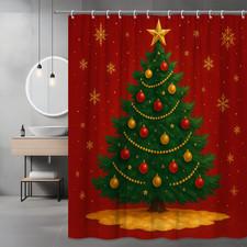 Christmas Tree Shower Curtain with Red Background and Gold Accents