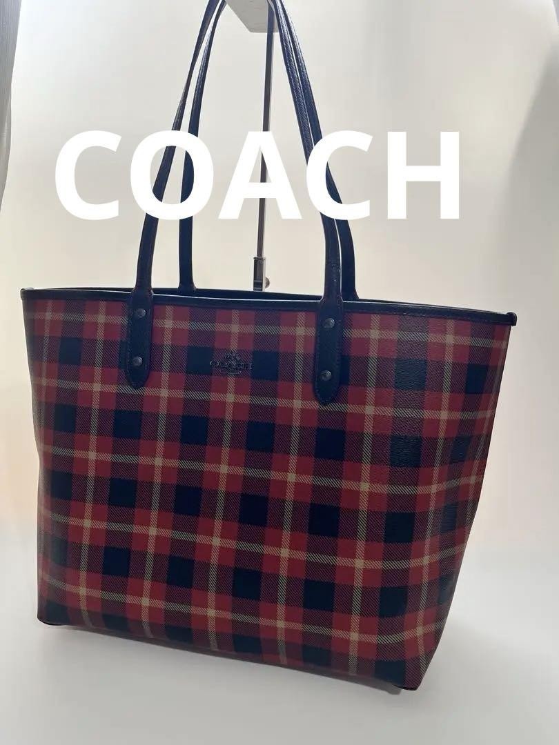COACH Reversible Black Checked Tote Bag Spacious QOC8JA