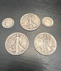 Lot of 3 Walking Liberty Half Dollar & 2 Dimes Silver Coins 90% Silver 33.53g
