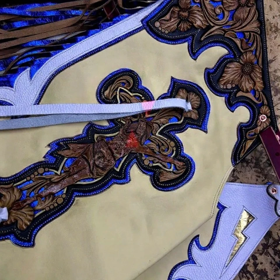 Gorras de rodeo de cuero personalizadas para montar toros occidentales flecos de equipo de vaquero Foto 4 de 4