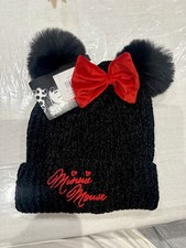 Disney Minnie Mouse Beanie Winter Hat Unisex Bow Ear Cute Black NWT Cozy Warm