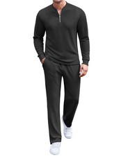 Men's 2 Piece Tracksuit Set Polo Athletic Quarter Zip Sweatsuit Long Sleeve C...