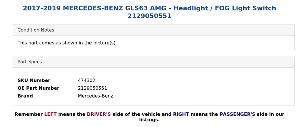 Mercedes-Benz GLS63 AMG 2017-2019 - Interruptor de luz antiniebla / faros 2129050551 Foto 4 de 4
