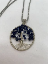 Silver tone & Blue Tree Of Life Pendant Necklace