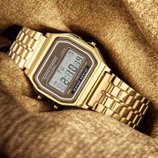 Retro Gold Digital Watch Stainless Steel Bracelet LED Backlight Unisex mens woma