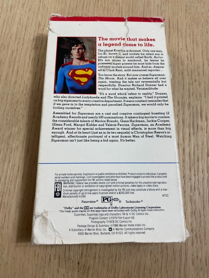 Superman The Movie (VHS, 1986) Warner Bros Home Video Superhero Man of Steel - Image 3 of 4
