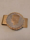 1964 KENNEDY HALF DOLLAR MONEY CLIP GOLD ACCENTS EX CON