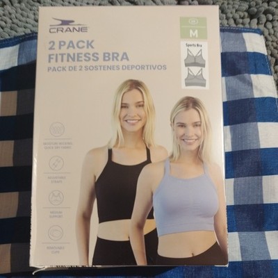 NEW! CRANE LADIES 2 PACK FITNESS BRA / Medium Black and Light Blue Sparkling