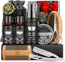 Beard Grooming Kit for Men Wash Oil Balm Comb Scissors Gift Set for Him Dad