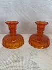 Fenton Amberina Glass Candle Holders Vintage Thumbprint Red Orange Set Of 2