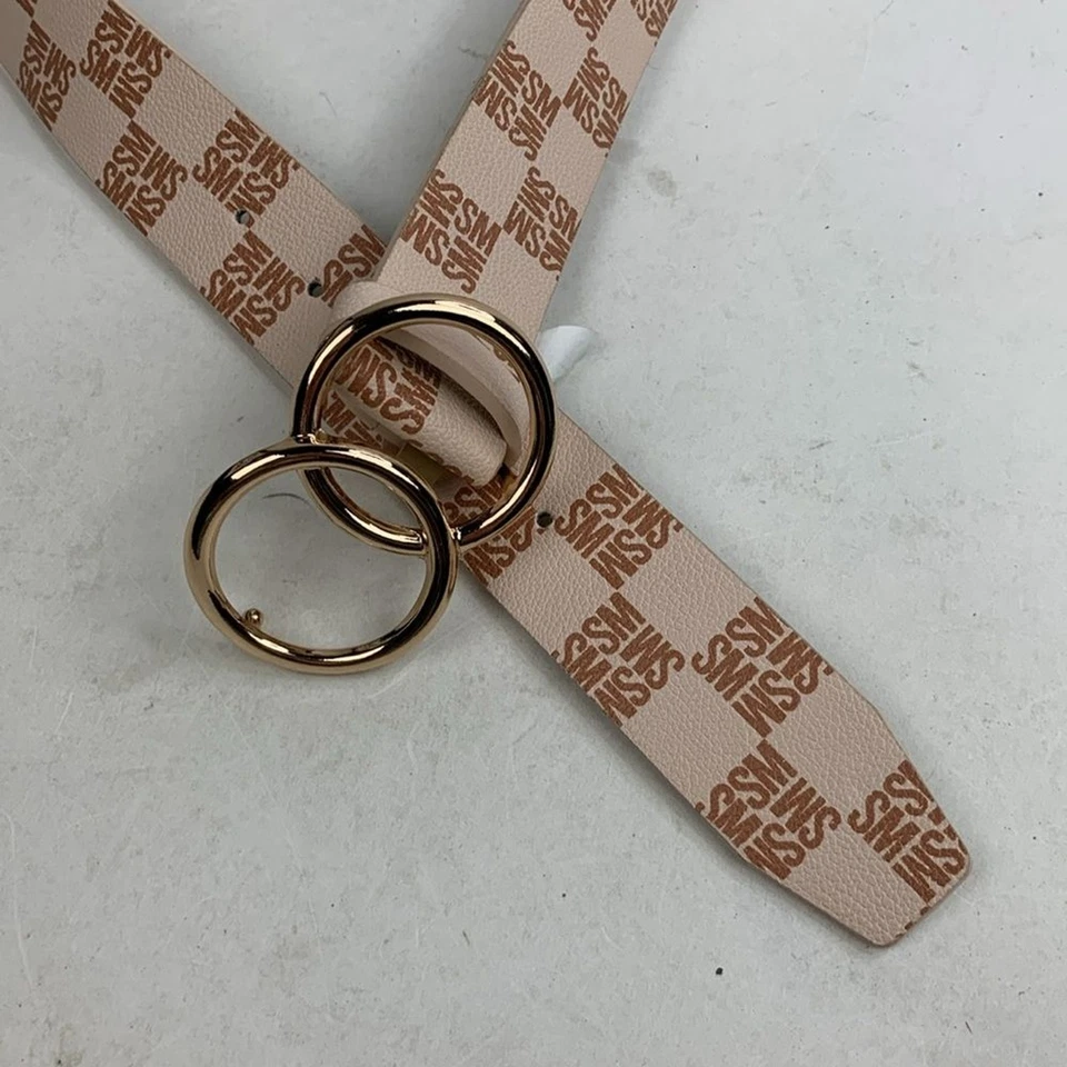 Cinturón Steve Madden Logo Doble Anillo Hebilla Talla Mediana Crema Tostado Dorado Foto 4 de 4