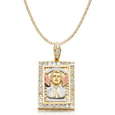 Colgante Malverde Sinaloa Oro 14K 3 Tonos Circonita cúbica y Collar Cadena Cubana Hueca 4.9mm