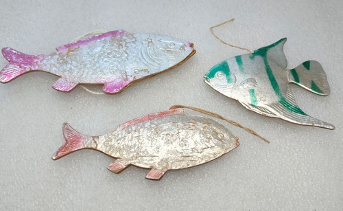 3 Antique Vintage Dresden Cardboard Christmas Ornaments Tree Decoration Fishes - Picture 2 of 7