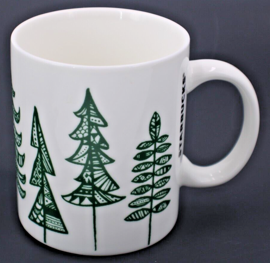 Starbucks Coffee Mug Cup Christmas Holiday 2015 12 oz White with Green Trees