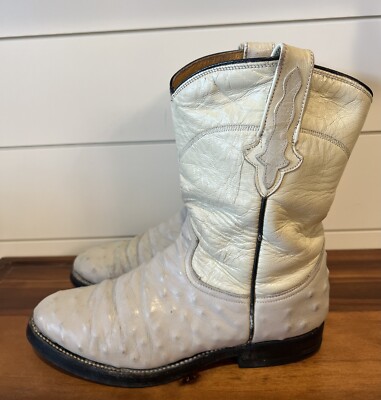 Rudel Ostrich Quill Cream Leather Roper Cowboy Boots Mens Size E