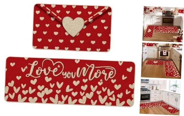 Envelope Love You More Heart Valentines Day Kitchen Mats Set of 2, Home Decor