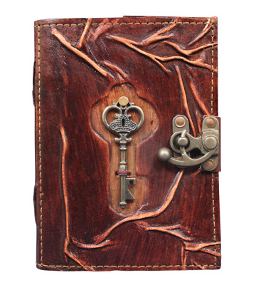 Vintage Leather Journal WritingDiary Lock Key Tree Design Handmade Gift Notebook