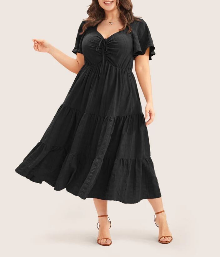 Bloomchic Ruched Drawstring Pocket Ruffle Tiered BLACK Dress 12 LARGE | eBay