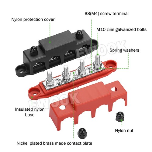 2pcs 4 Post Power Distribution Block Terminal Screw Bus Bar 250A 12V-48V DC M8 - Picture 3 of 11