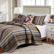 BEAUTIFUL LODGE CABIN BROWN RED BLUE RUST GREEN STRIPE RUSTIC COZY QUILT SET
