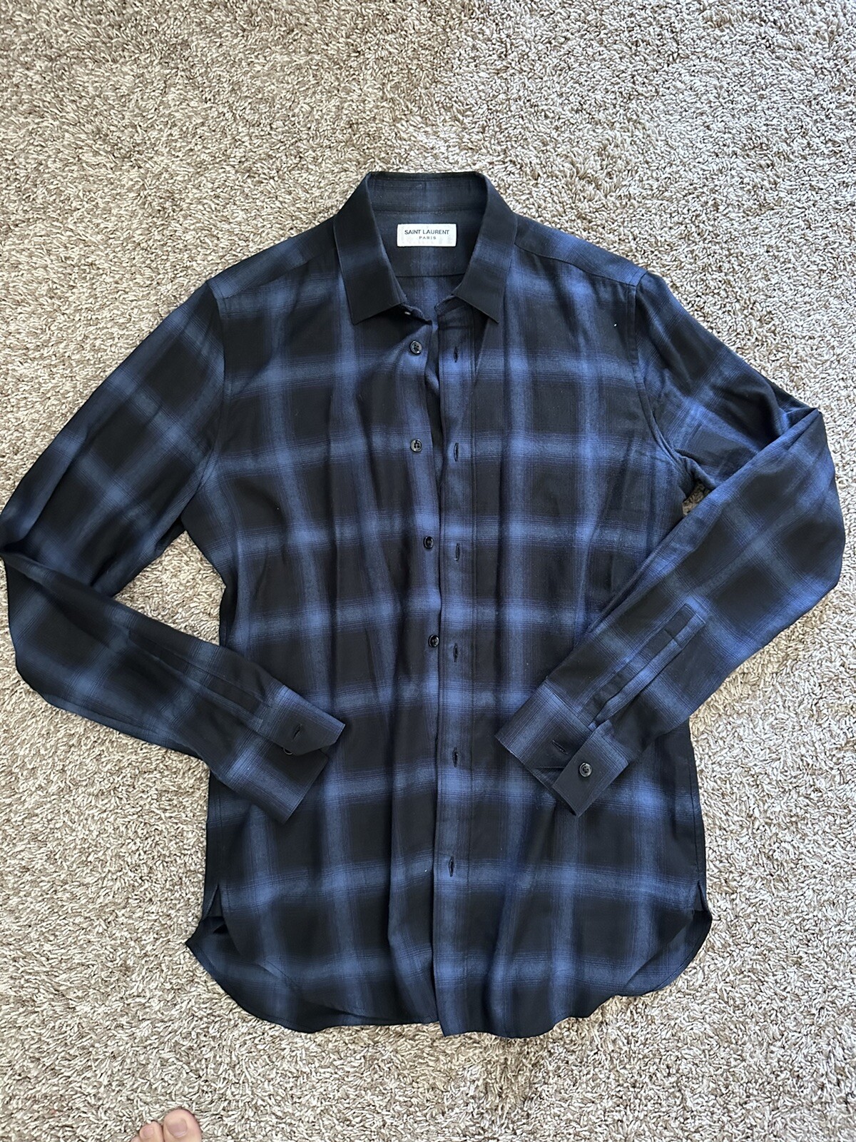 Camicia Saint Laurent Paris blu flanella cotone bottoni piccola