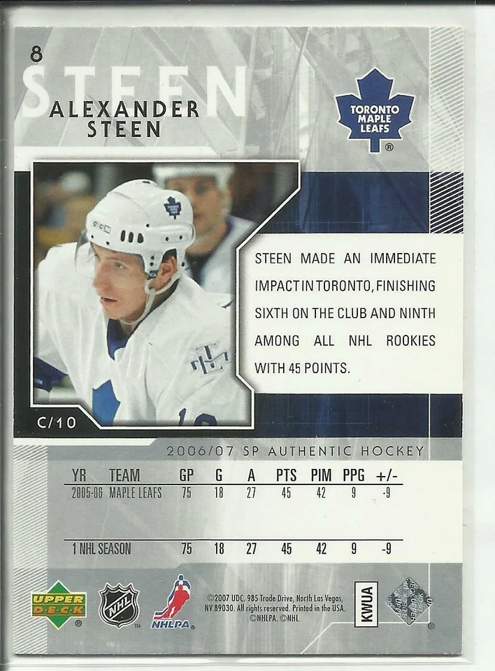 2006-07 Upper Deck SP Authentic #8 Alexander Steen Toronto Maple Leafs - Image 2 of 2