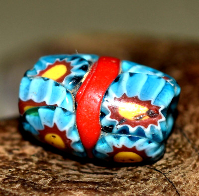 Antique Venetian Blue Millefiori Oval Bead W/ Red Center Stripe, African Trade