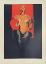 Michèle Salmon - Original Lithograph Signed Nude to Helmet Car Racing Women