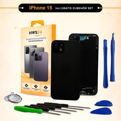 HWS24 Backcover für iPhone 15 Schwarz Gehäuse Rahmen Rückseite Glas Frame Housing