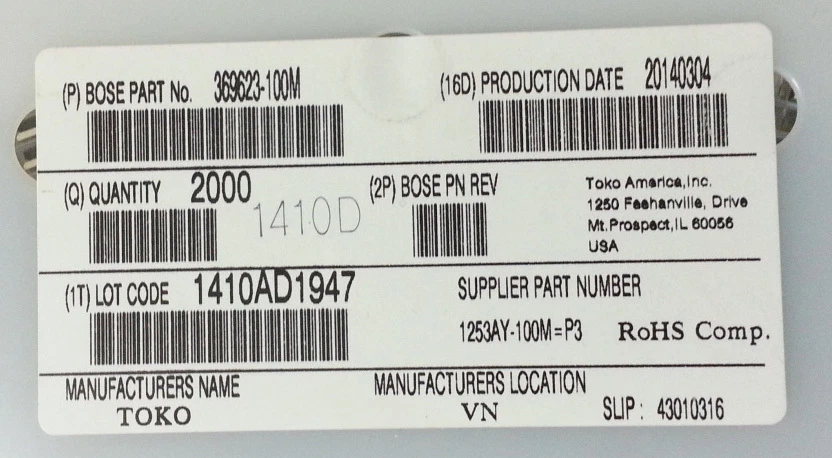 2000 muRata TOKO 1253AY-100M=P3 Inductor SMD 10uH 20% 1.9A 67mOhm SMT SMD NUEVO Foto 3 de 4