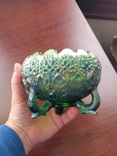 Nice Green Fenton Carnival Glass Orange Tree Pattern Rose Bowl Foot Chip