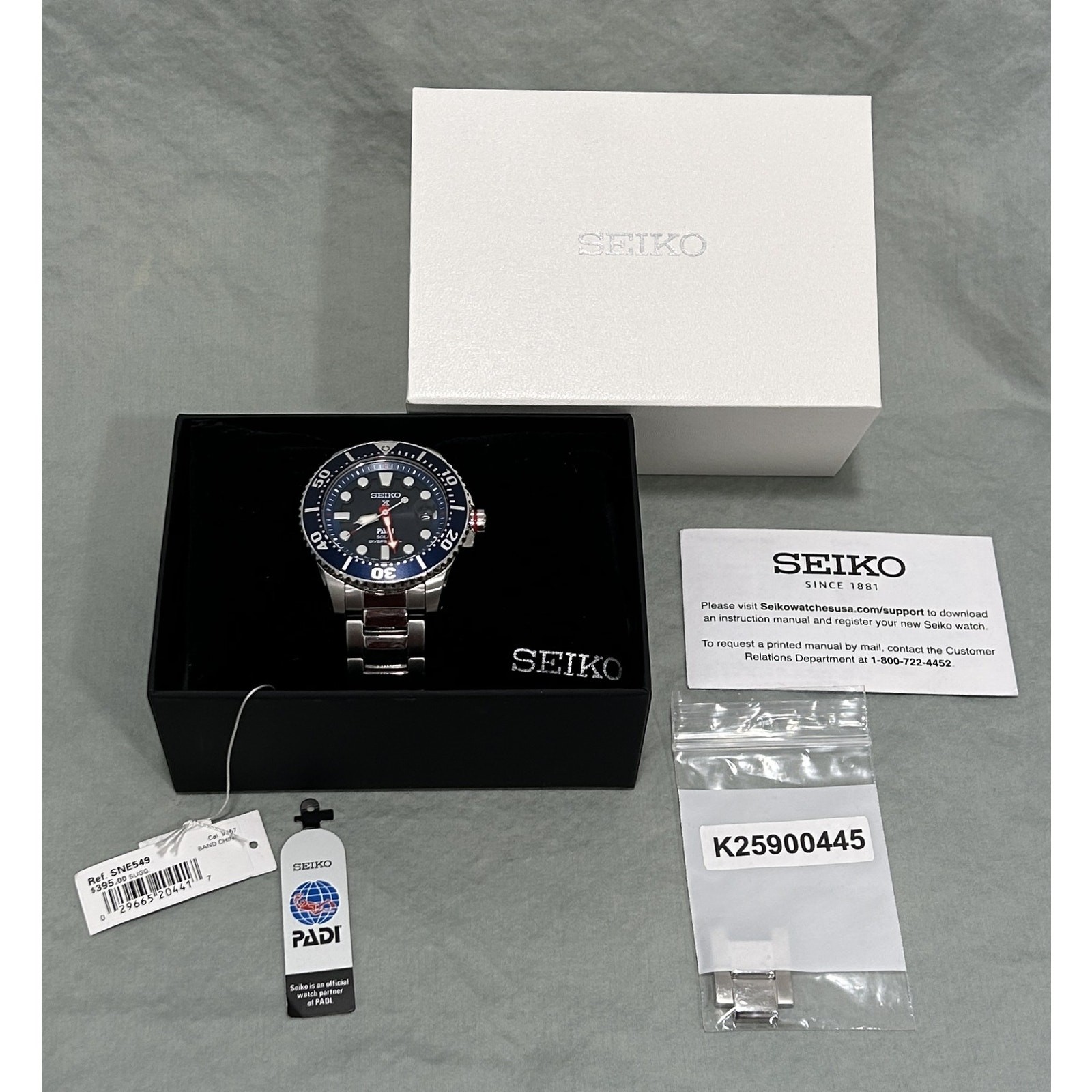 Seiko Prospex PADI SNE549 V157-0DF0 Solar Diver Watch Blue Dial Stainless Box