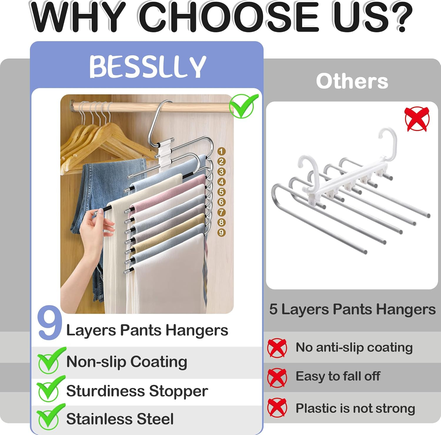 9 Layers Pants Hangers Space Saving, 2 Pack Multifunctional Pant Rack Stainless