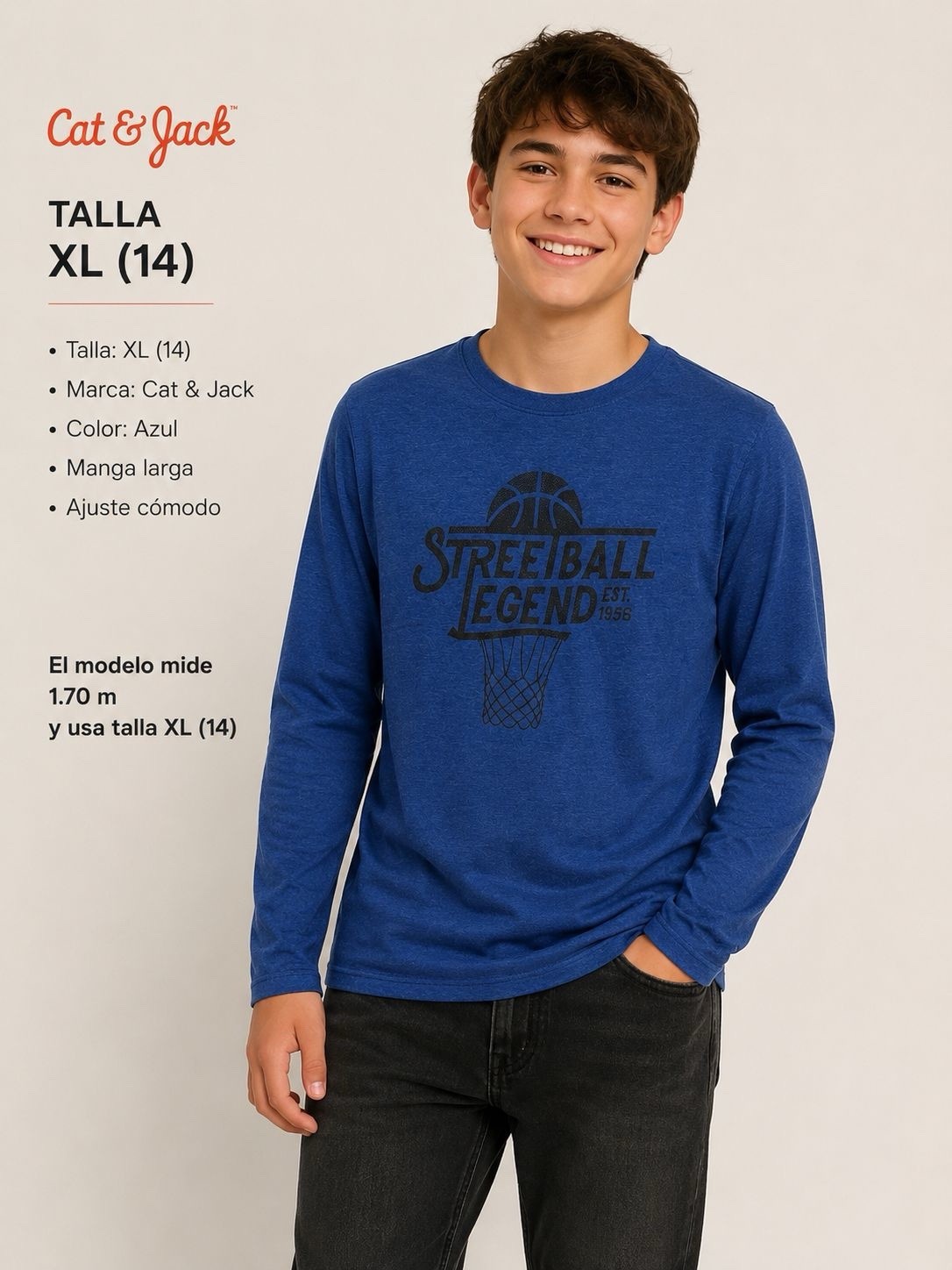 Cat & Jack Boys Blue Streetball Legend Graphic T-Shirt XL (14) Long Sleeve