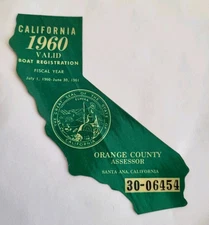VINTAGE BOAT TAG CALIFORNIA 1960 Registration Orange Co.  30-06454 Green Sticker