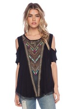 Free People Gypsy Spell Linen Blend Top Womens M Black Embroidered Boho Tribal