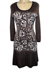 Nine West Floral Chevron Knit Sweater Dress Small, Brown & White