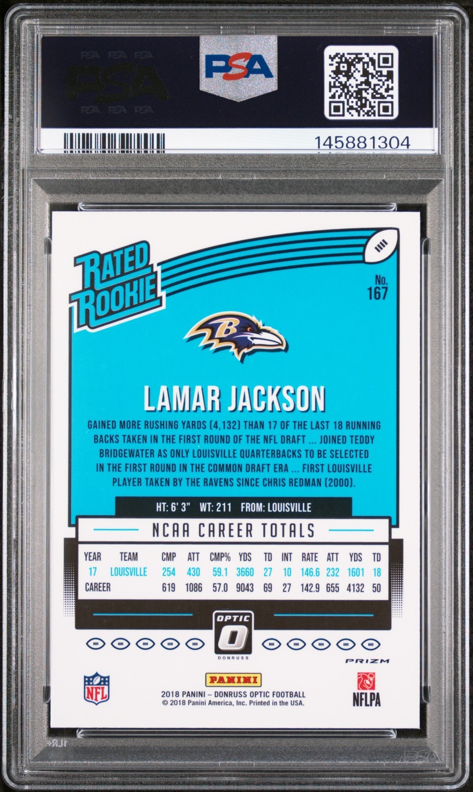 LAMAR JACKSON 2018 OPTIC RED/YELLOW PRIZM RC #167 PSA 9 MINT! RAVENS! #145881304 view 2
